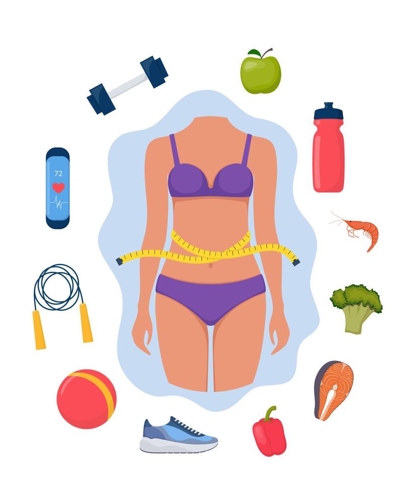 Weight loss concept. Slim woman body in underwear surrounded by healthy lifestyle icons. Healthy food and sport. Vector illustration.