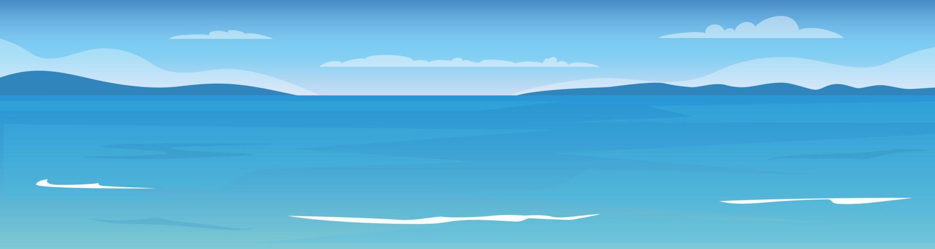 Blue sea and sky background. Sea surface, mountains on the horizon, waves. Vector illustration.