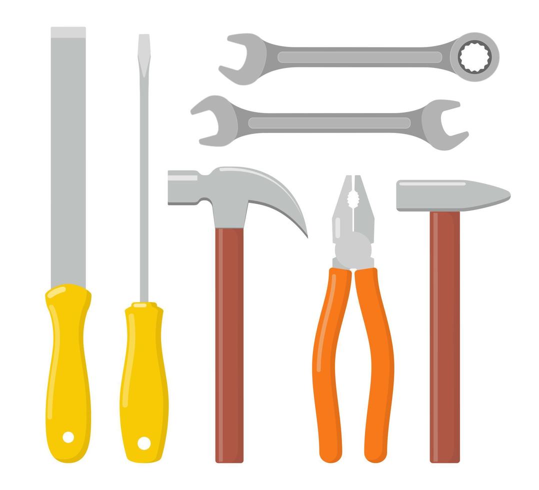 Collection of working tools. Repair and construction tools icon set. Hammer, pliers, file, screwdriver, wrench. Vector flat illustration.