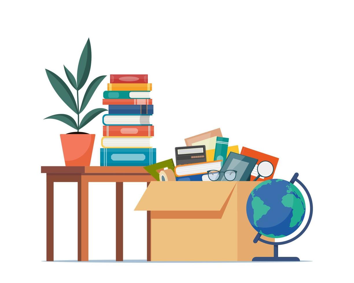 Paper cardboard boxes with various household thing. Moving to new house. Family relocated to new home. Package for transportation. Things, clothes, furniture, books. Vector illustration.