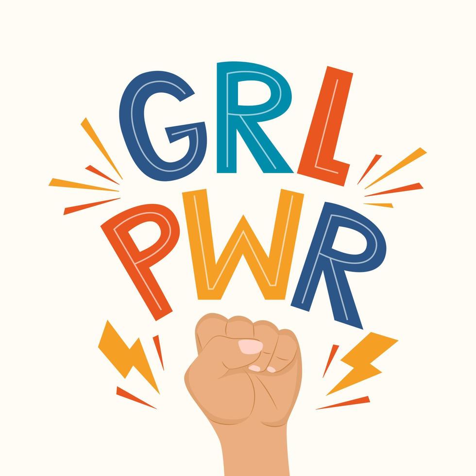 GRL PWR quote. Girl Power cute hand drawing motivation lettering phrase for t-shirts, poster, clothing, stick on laptop, phone, wall. Feminism slogan with lightning bolt symbol. Vector illustration.