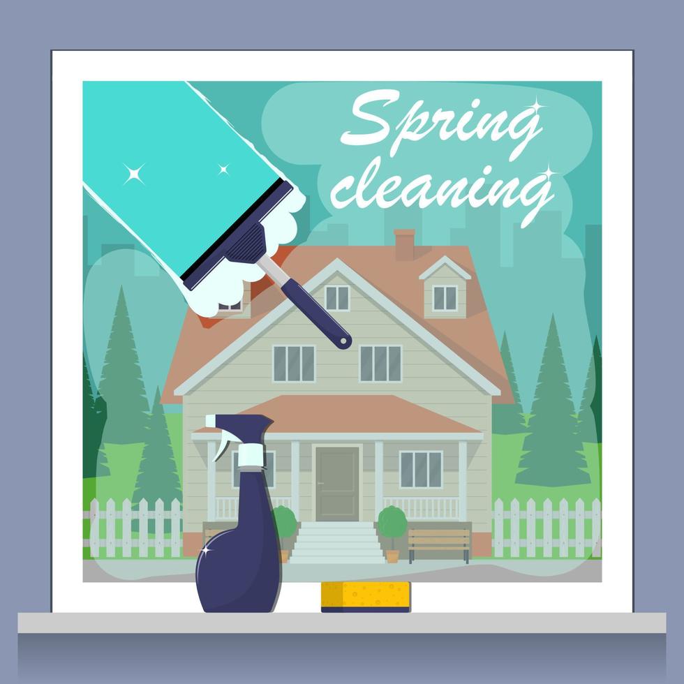 Window cleaning. Spring cleaning concept. Glass scraper glides over the glass, making it clean. Spray glass cleaner and a sponge. Private house and green lawn outside the window. Vector illustration.