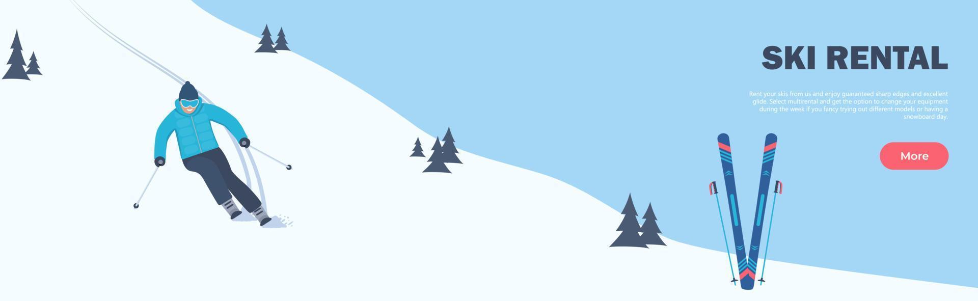 Ski Rental horizontal banner. Winter Sport. The skier rushes down the slope. Winter holidays in the mountains. Alpine skiing. Vector illustration.