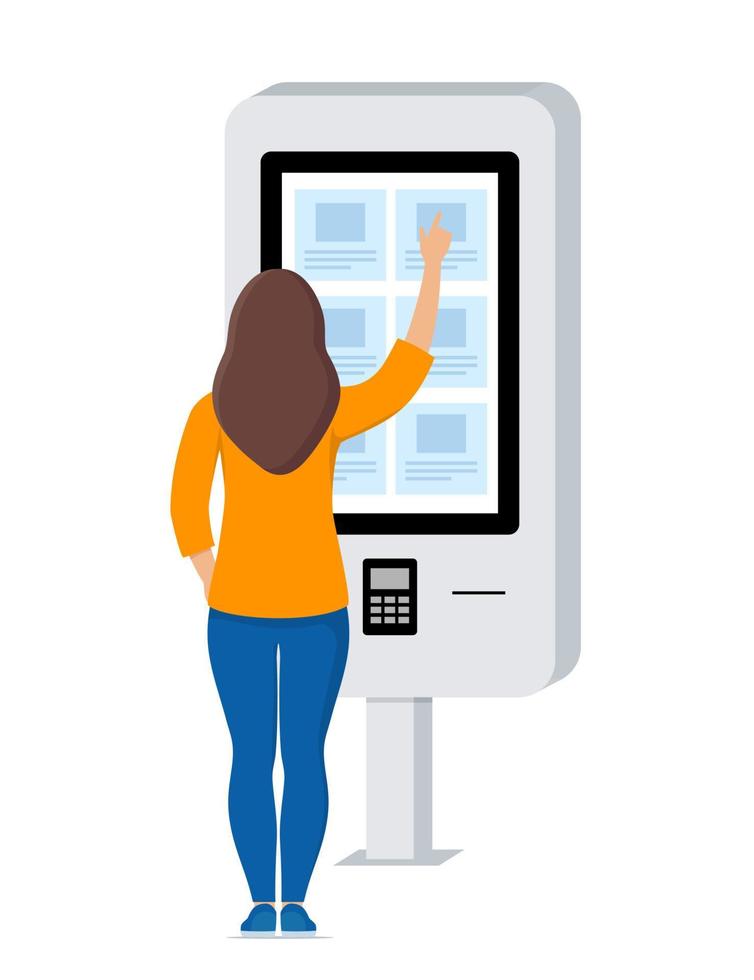 Woman using self-service payment and information electronic terminal with touch screen. Vector illustration in flat style.