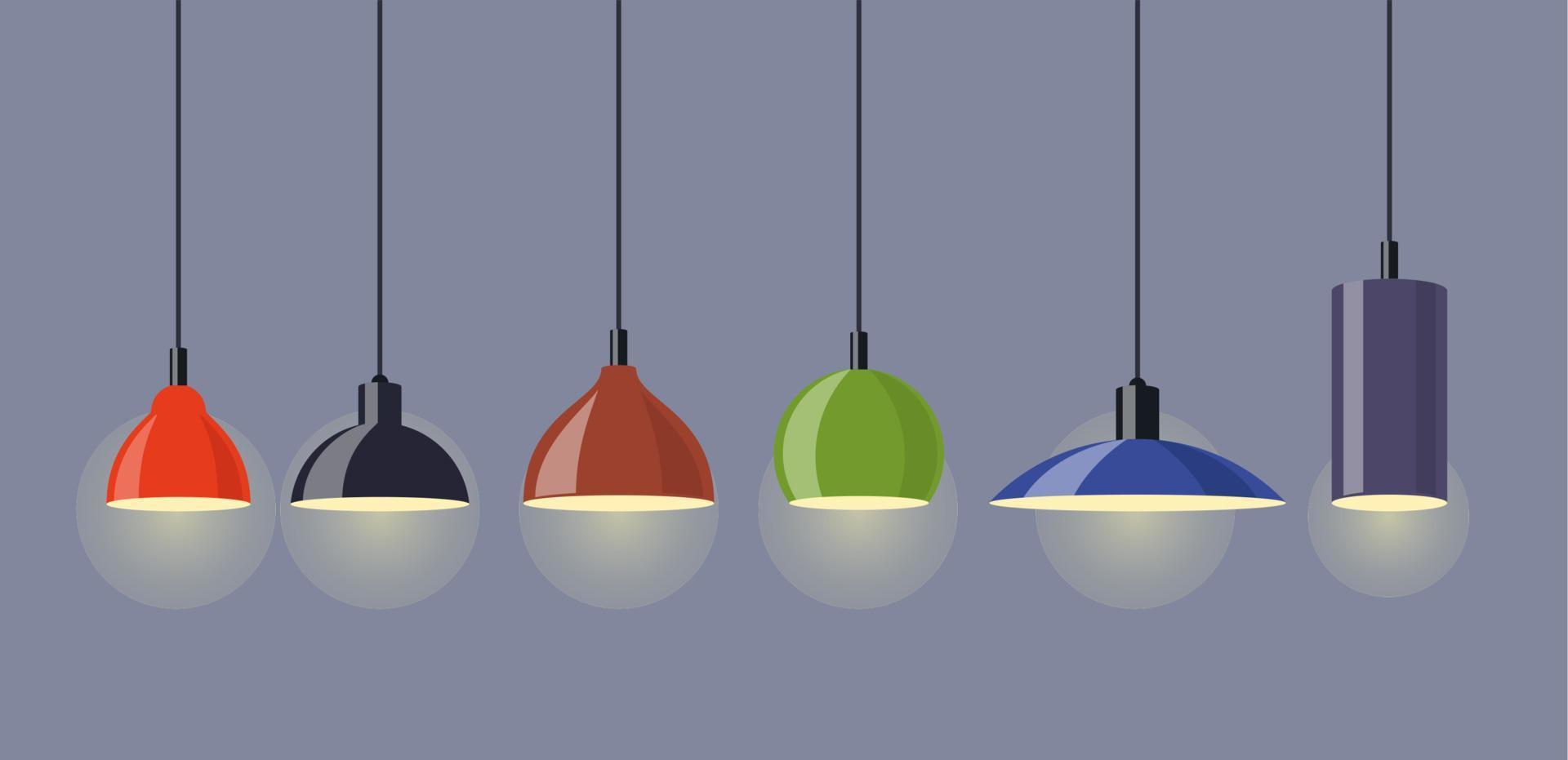 Hanging lamps, set. Chandeliers, lamps, bulbs - elements of modern interior. Vector illustration, isolated.