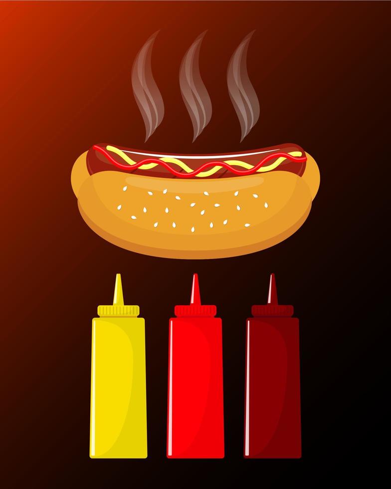 Hot dog with sausage and ketchup. Delicious hot dog and sauce bottles with ketchup, mustard, barbecue sauce. Classic fast food. Vector illustration.