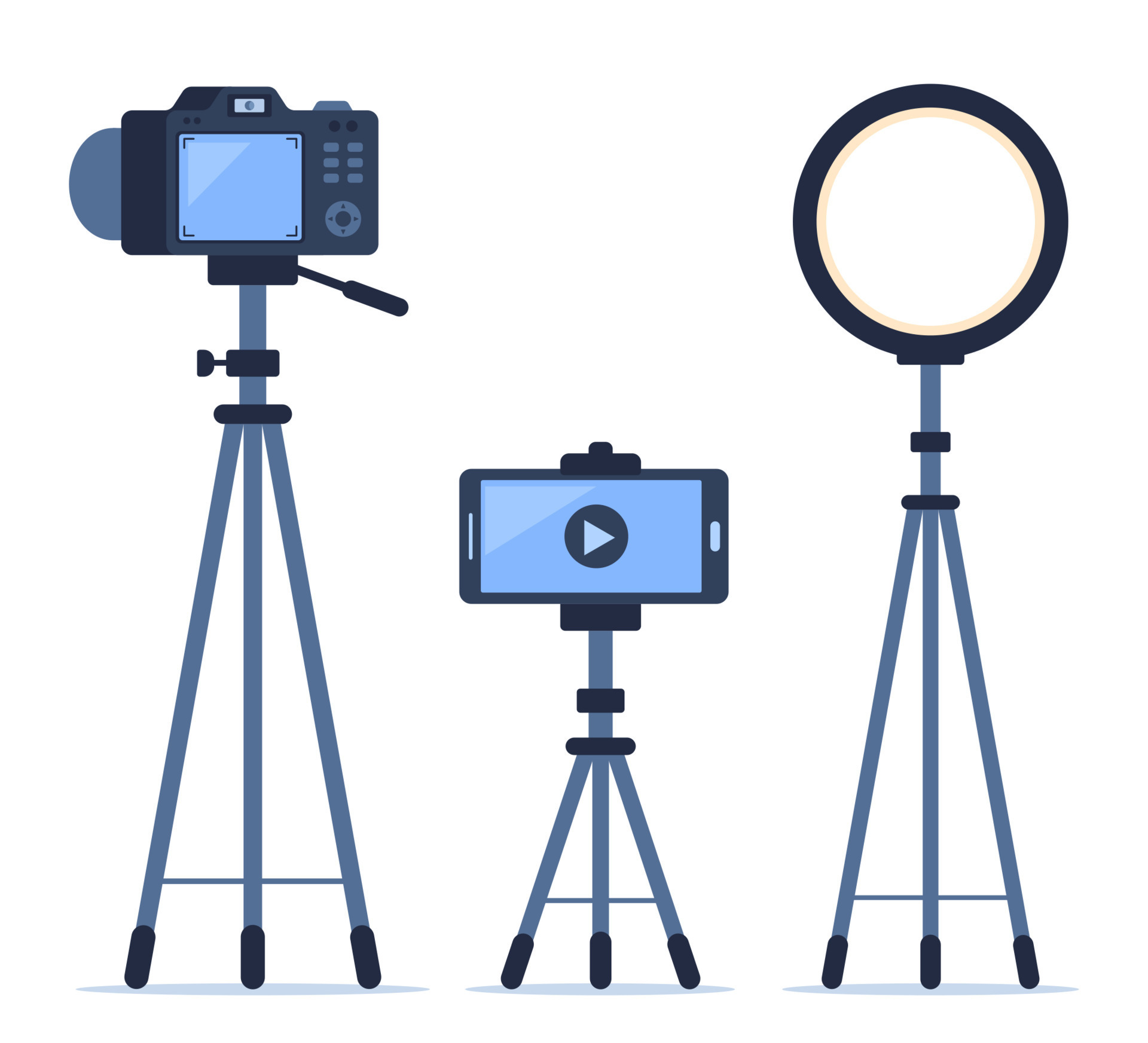 Camera, smartphone and ring light on tripods. Set of gadgets for