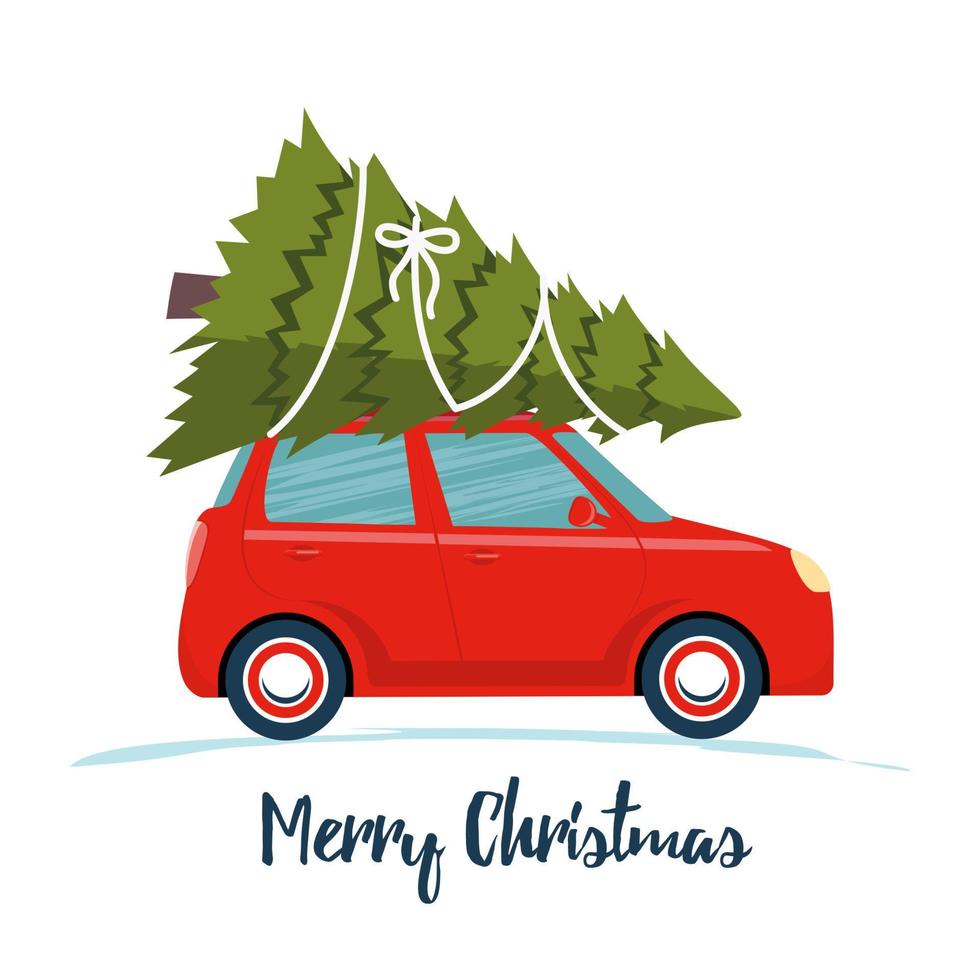 Cute red retro car with christmas tree on the roof. Merry christmas and happy new year greeting card, postcard, poster, banner, invitation design. Merry Christmas. Happy New Year. Vector illustration.