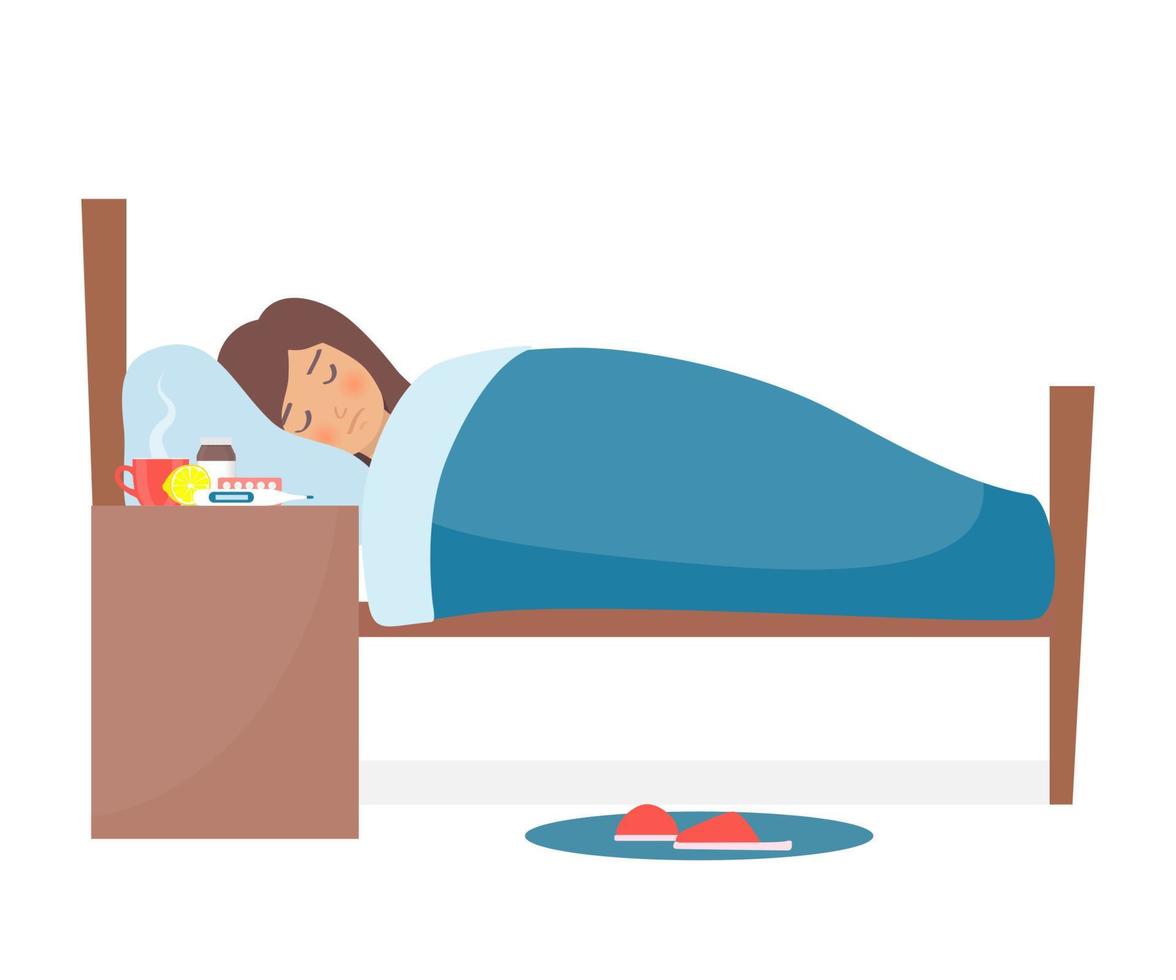 Girl with flu. Flat female character lying in bed. Cold medicine is on the nightstand. Medicinal syrup, pills, capsules, cup of hot drink, thermometer, lemon. Vector illustration.