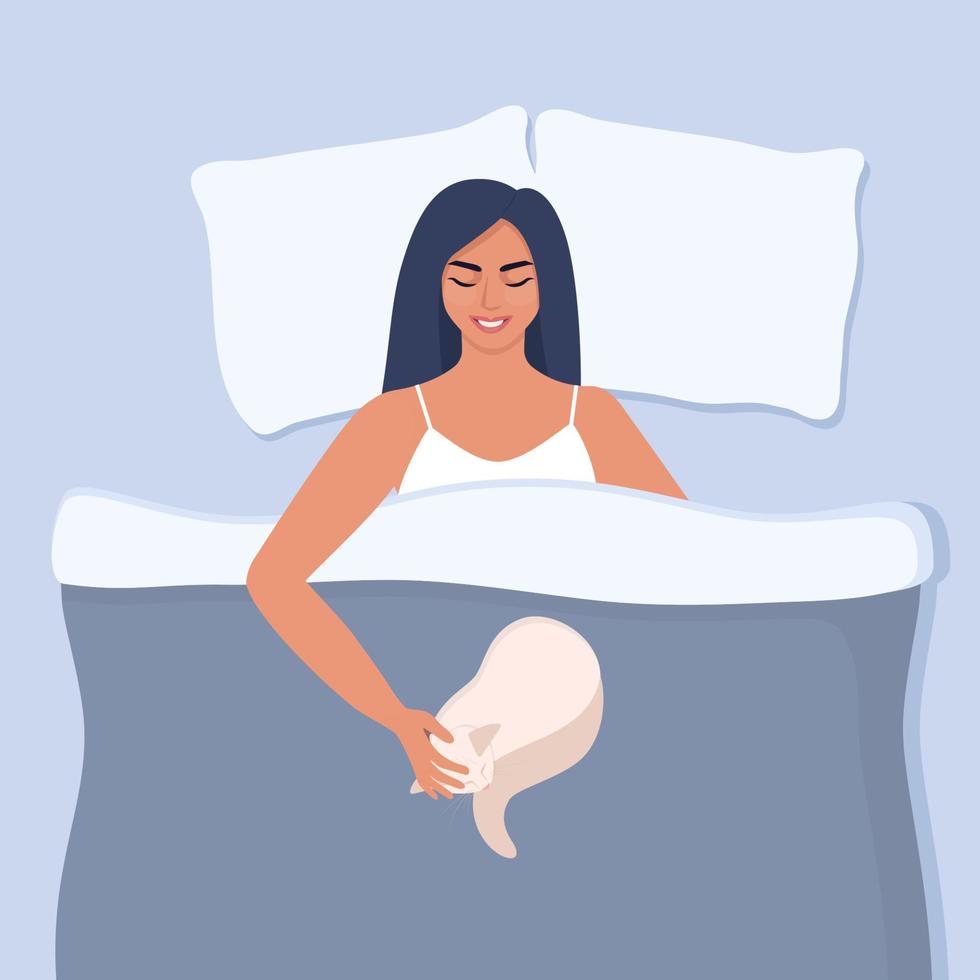 Young woman is lying in bed with a cat, smiling and stroking him. Character in bedroom rests at night. Girl sleeping with cat. Comfort and coziness. Vector illustration.