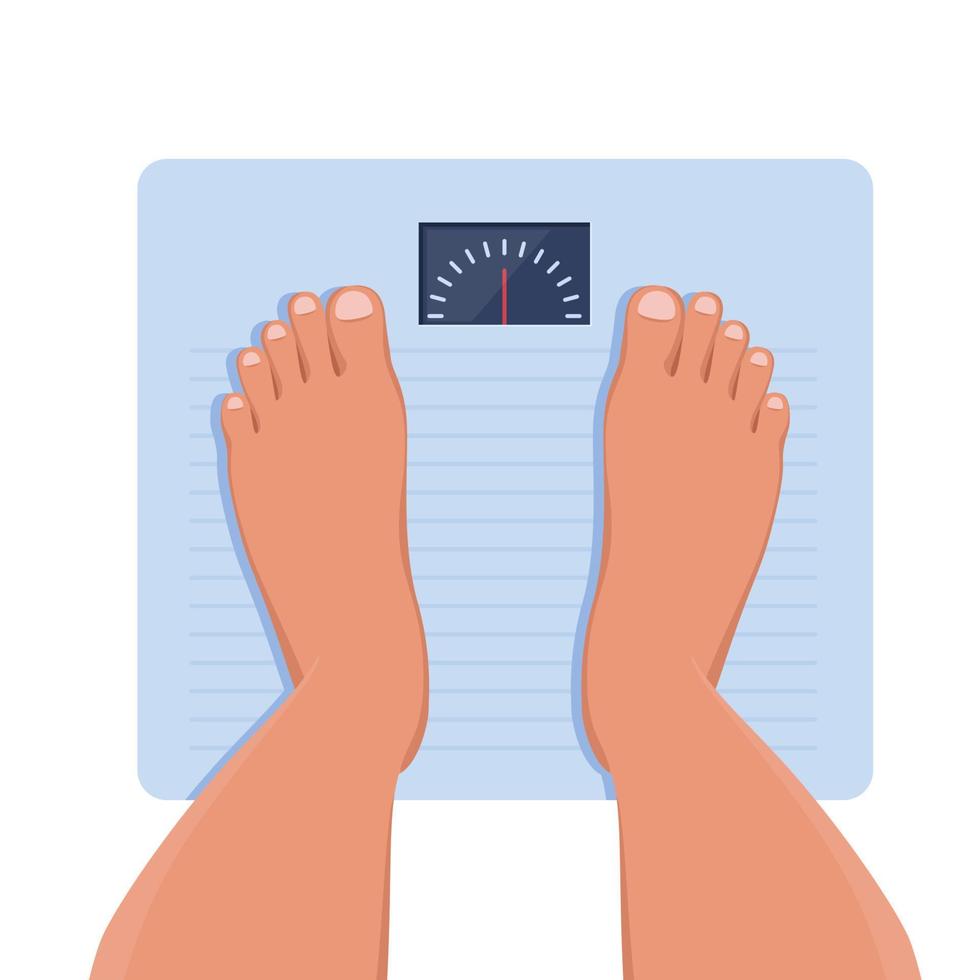 Feet on bathroom scales, top view. Weight measurement and control. Concept of healthy lifestyle, dieting and fitness. Vector illustration.