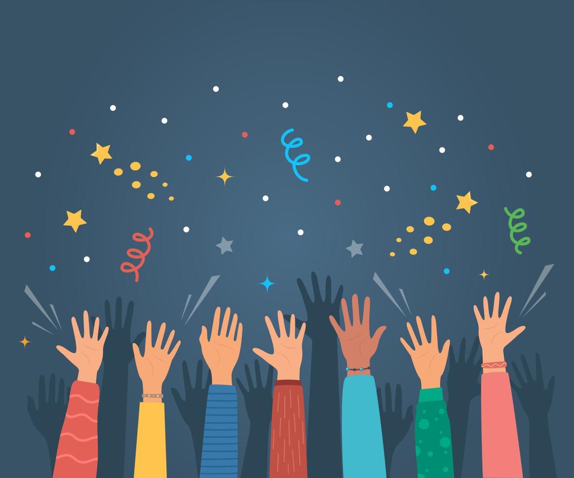 Raised hands of happy people celebrating. Crowd of people at party. People celebrate. Firecrackers, confetti, fireworks, carnival. Diverse young people, male and female, hands. Vector illustration.