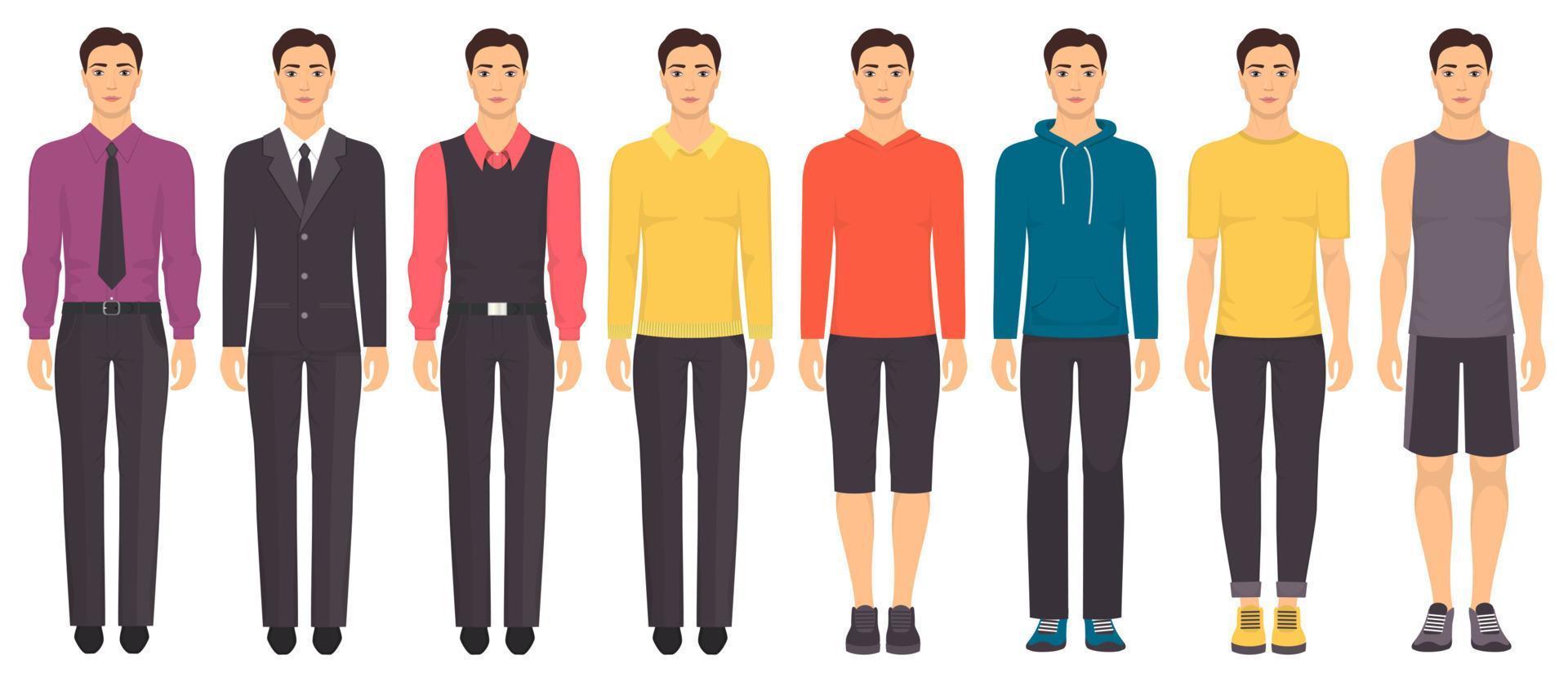 Young man standing in full growth in different clothes, formal, business, everyday, sports. Man in elegant and casual clothes. Basic wardrobe. Vector illustration, isolated.