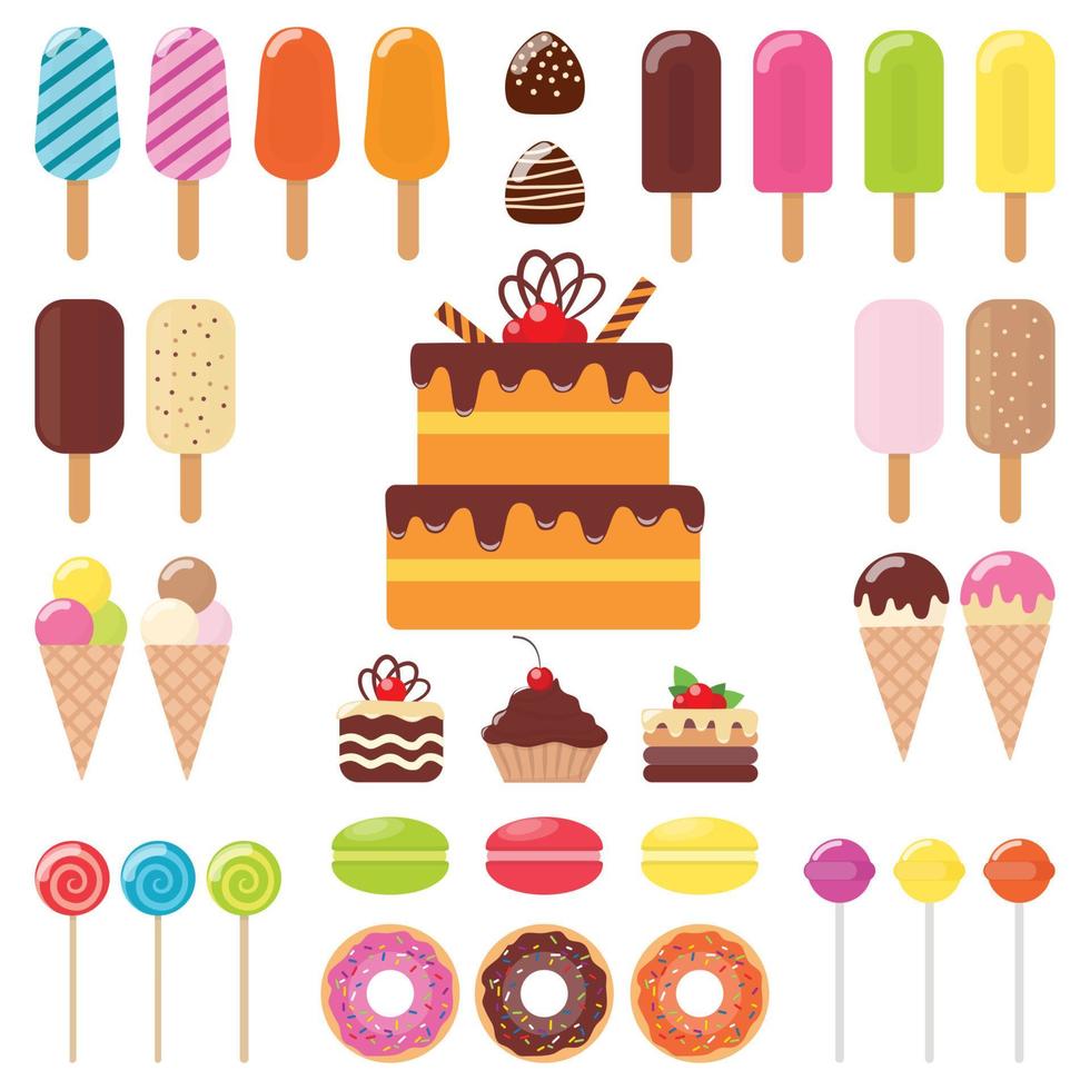 Set of various sweets. Ice cream, cake, cake, donut, macaroon, Lollipop, candy, chocolate. Vector flat illustration.