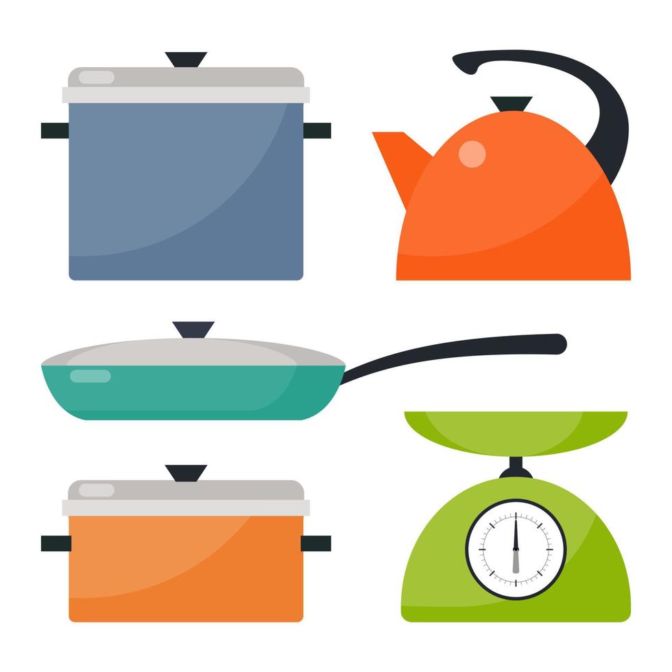 Kitchen utensils, set. Frying pan, saucepan, kettle, scales. Vector flat illustration.
