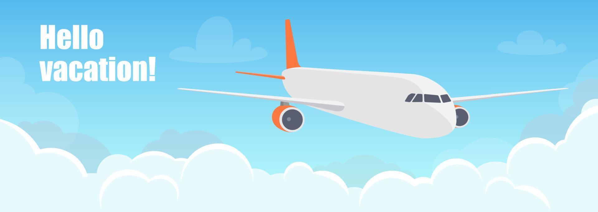 Flying plane above the clouds. Aircraft in the sky. Travel concept illustration for advertising airline, website to search for air tickets, travel agency. Traveling flyer, banner, vector illustration.