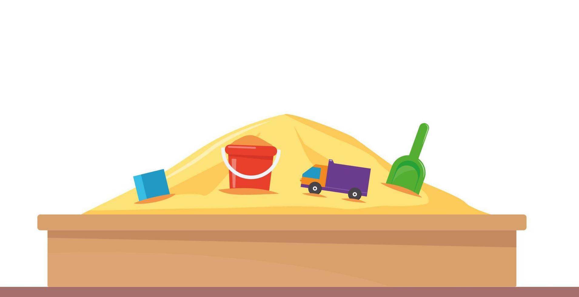 Sandbox with pile of sand and children toys in flat style. Sandpit with kids shovel, bucket and car on pile of yellow powder. Vector illustration.
