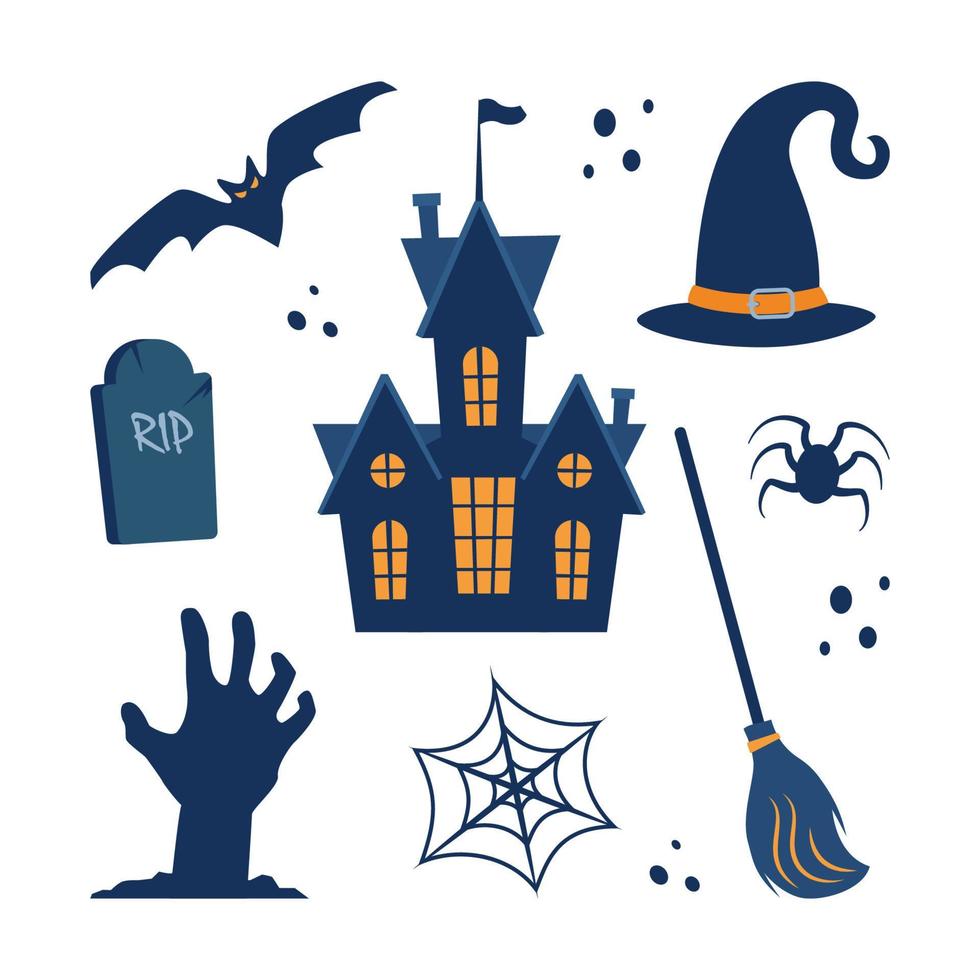 Halloween design elements. Halloween cliparts with traditional symbols, perfect for party invitation, greeting card, flyer, banner, poster. Vector illustration.