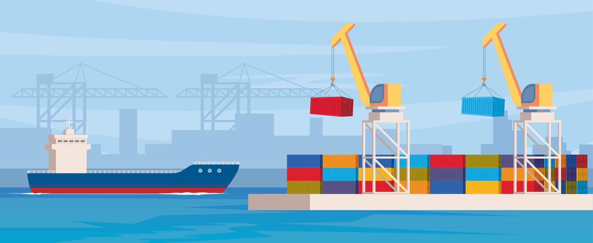 Cargo ship loading in city port. Cranes on dockside, pier unloading shipping containers from freight vessel to shore. Vector illustration in flat style.