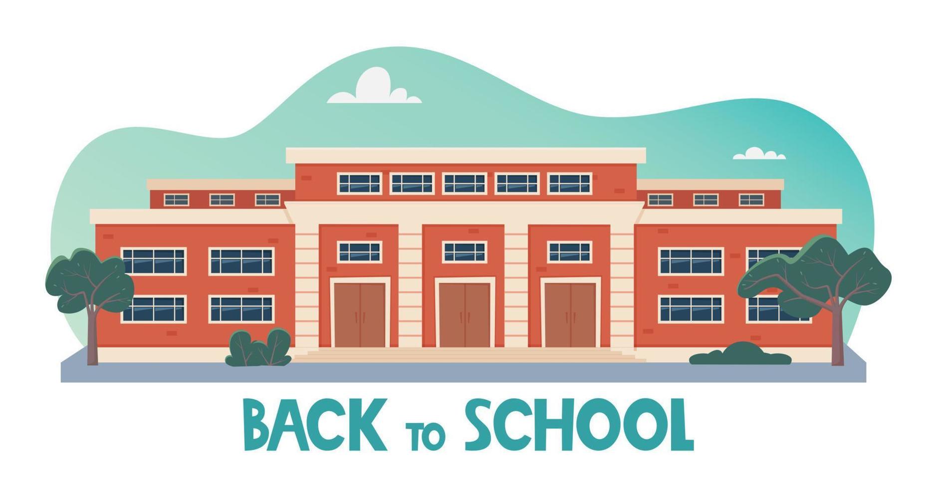 Back To School concept. Modern School Building Exterior. Facade of high school building with large windows. Design for flyer, banner, card. Vector illustration.