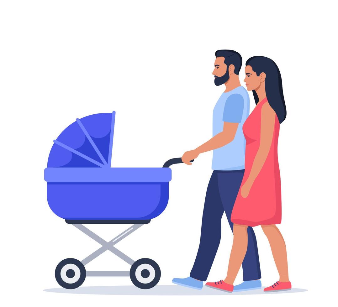 padres jóvenes caminando con cochecito. familia feliz divirtiéndose juntos, niño recién nacido en carruaje, madre y padre, hijo o hija. ilustración vectorial vector