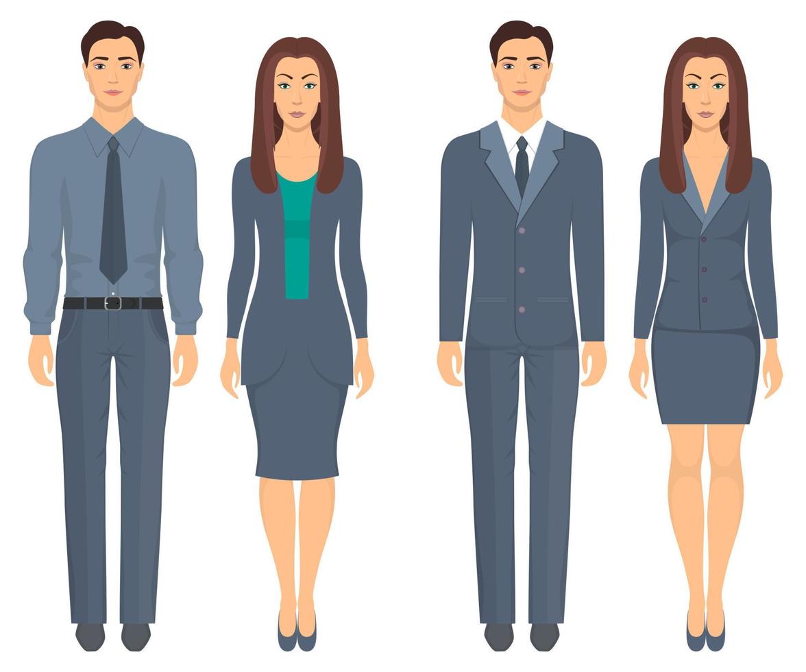 hombres y mujeres de pie en pleno crecimiento en ropa formal. parejas en ropa elegante e informal. vestuario básico. ilustración vectorial, aislado. vector