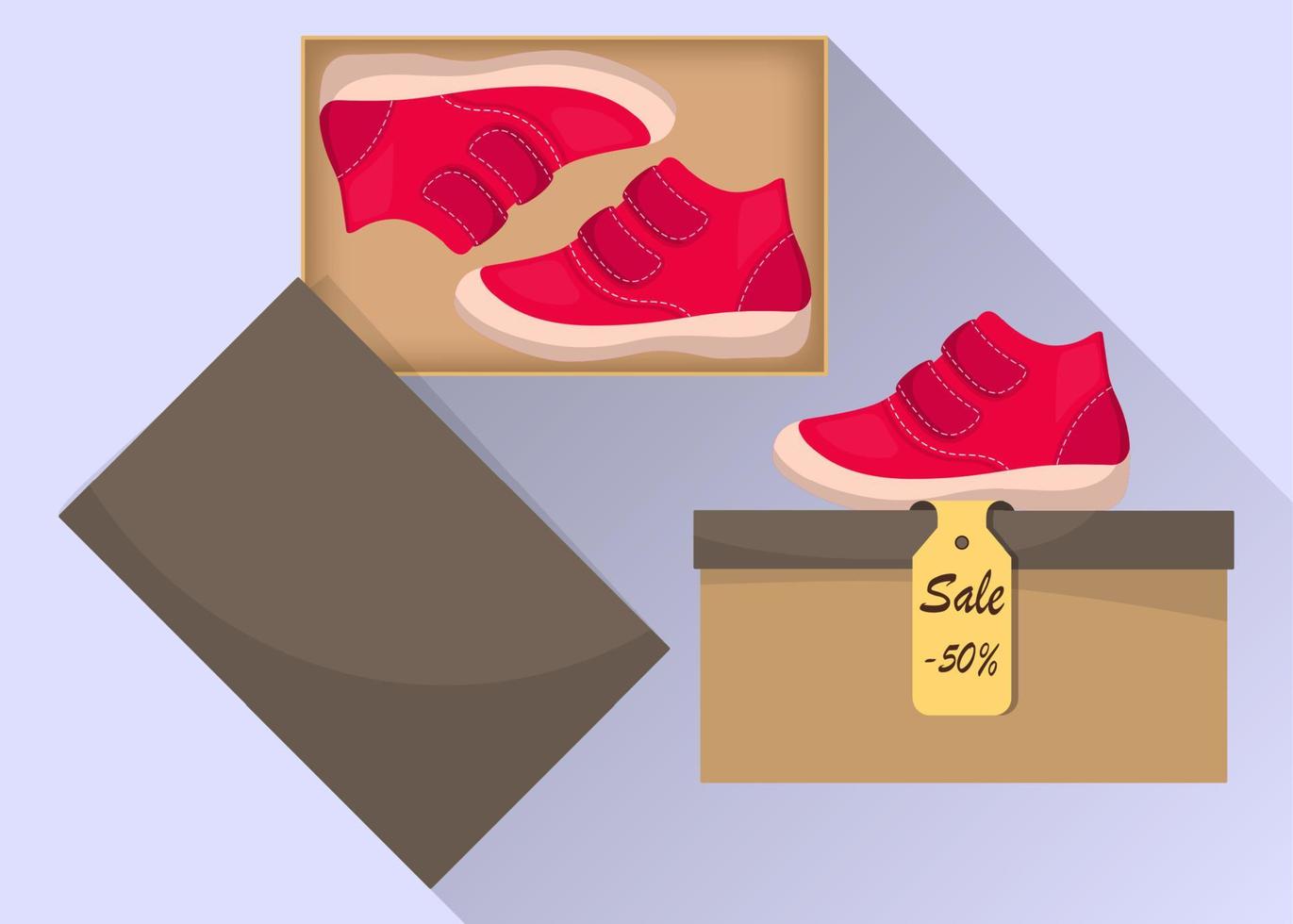 Little cute baby shoes in box, side view. Sale with a discount of 50 percent. Kid s casual red boots. Illustration for a shoe store. Vector flat illustration.