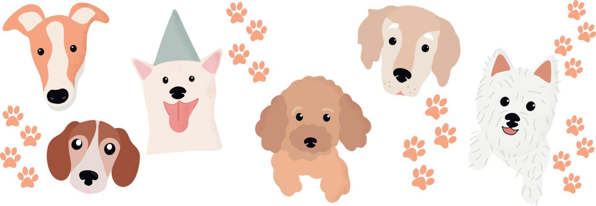 pequeños perros lindos. ilustración infantil, cumpleaños, plantilla de vacaciones. caras graciosas animales. vector