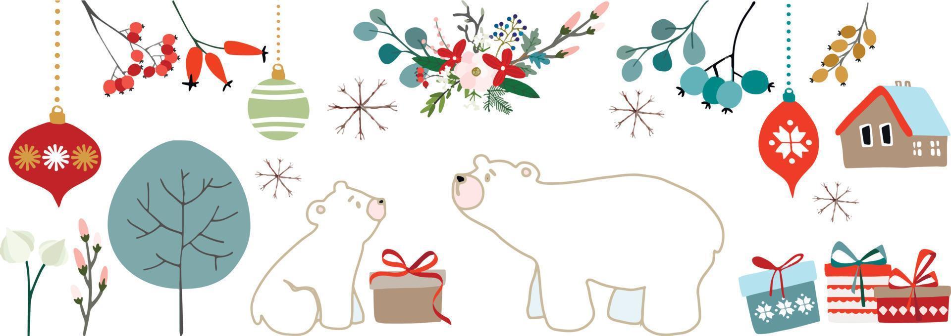 Holiday, Christmas, New year pattern with bears, Christmas tree, balls, home, gift box. vector