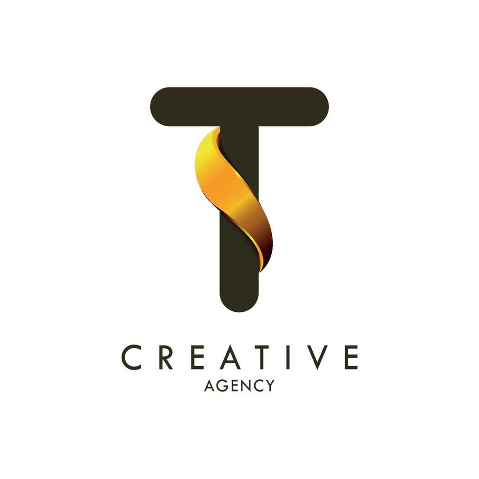 Initial letter T and wave logo with golden gradient vector