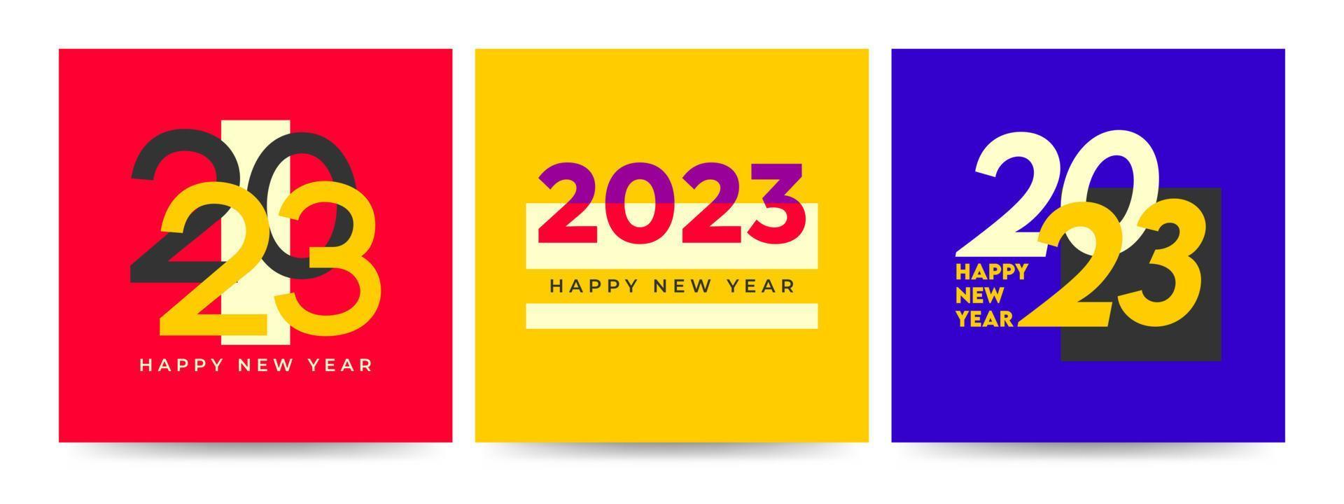 feliz año nuevo 2023. conjunto de plantilla cuadrada de año nuevo 2023 para calendario, portada, tarjeta y publicación de medios. logotipo de tipografía 2023 vector