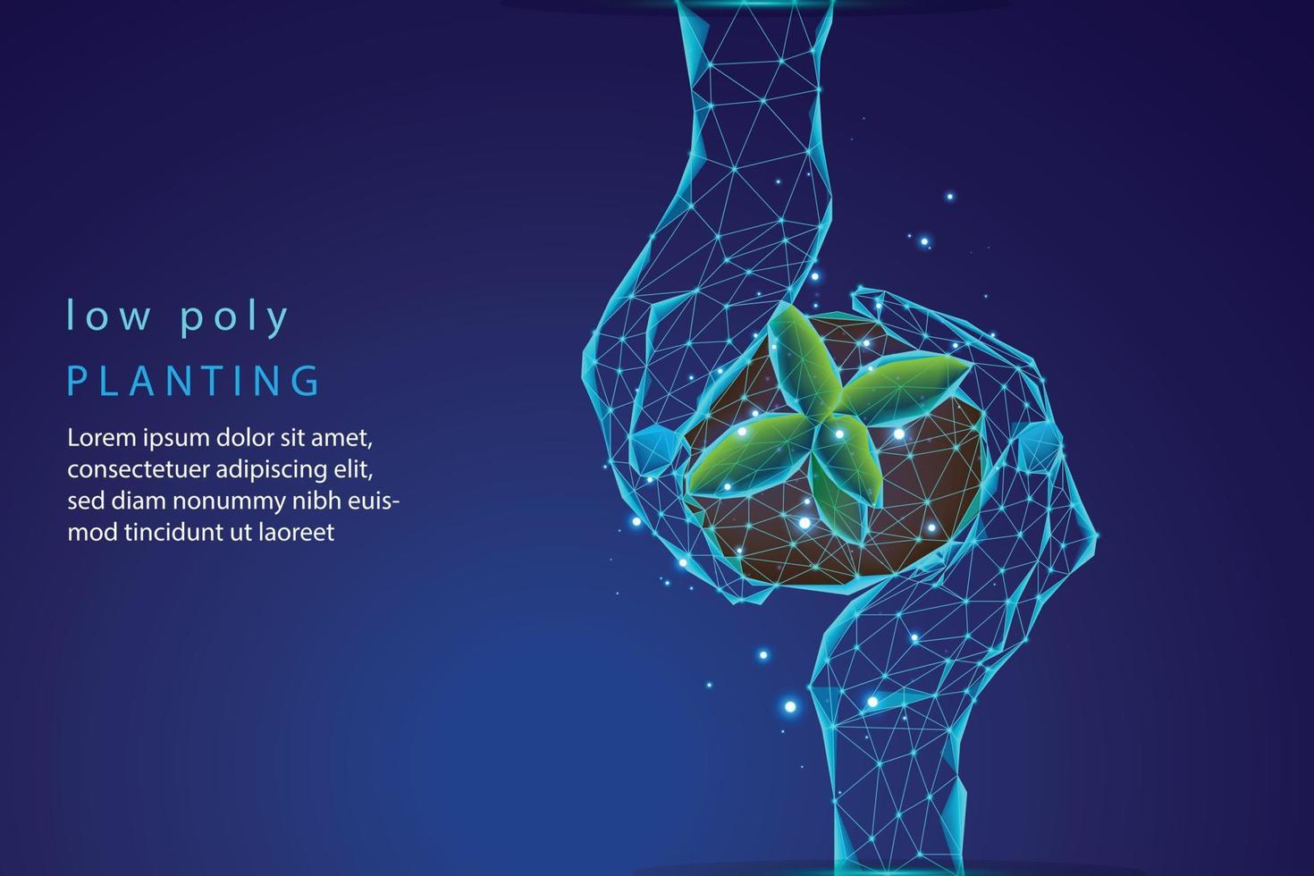 Abstract hand giving small plants in the soil, low poly pattern, blue geometric background design, connection structure, wireframe pattern. vector