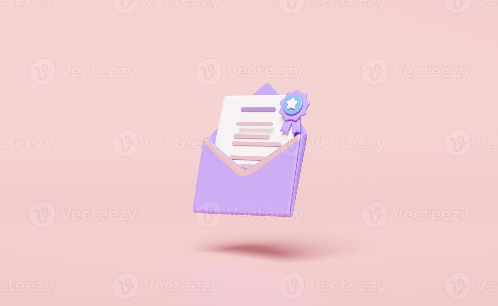 3d purple open envelope, letter icon with notification message, winner medal, golden quality guarantee ribbon isolated on pink background. online incoming email concept, 3d render illustration photo