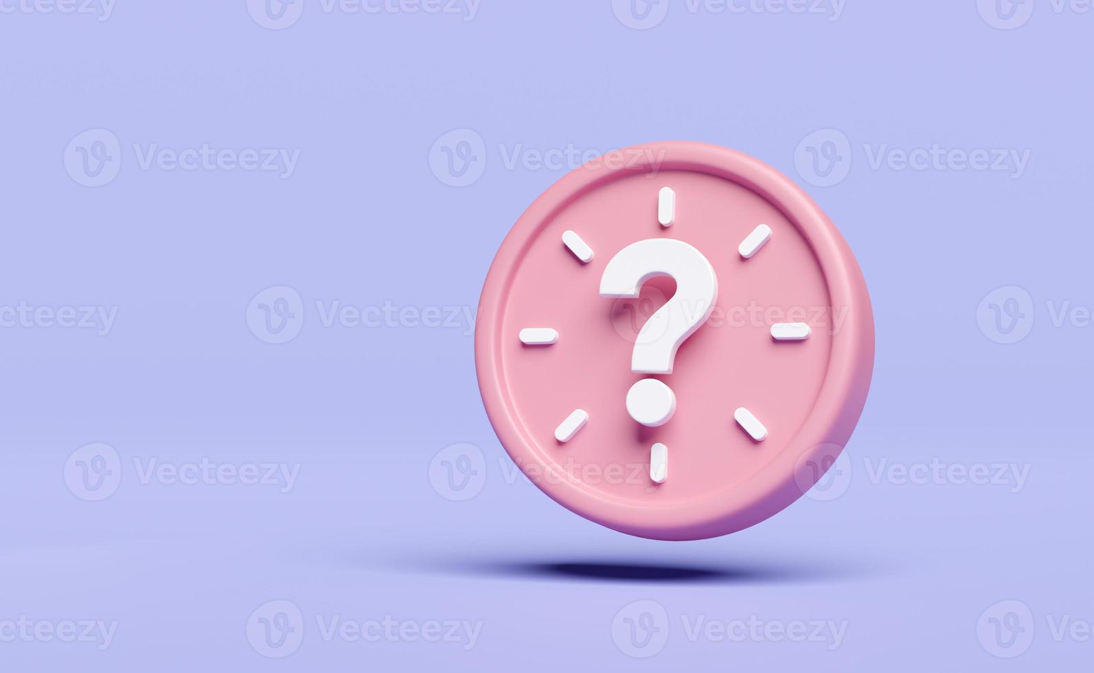 3d cartoon character pink alarm clock wake-up time morning with white question mark symbol isolated on purple background. minimal design, meeting time concept, 3d render illustration, clipping path photo