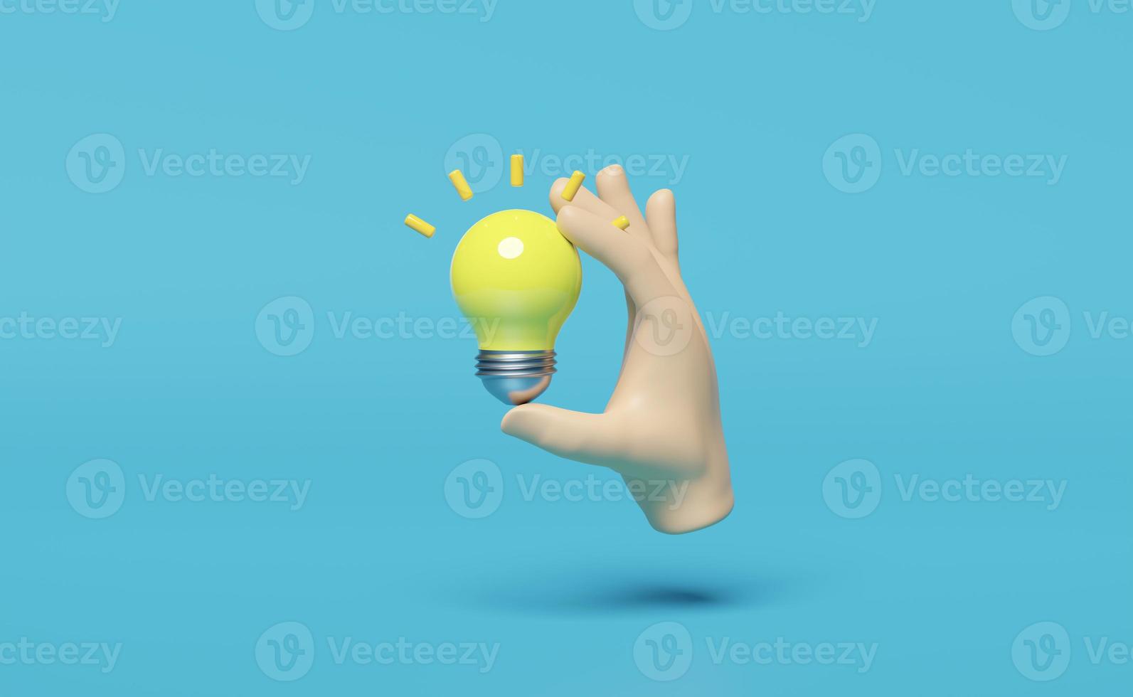 3D Hand holds light bulb isolated on blue background. business idea tip concept, minimal abstract, 3d render illustration photo