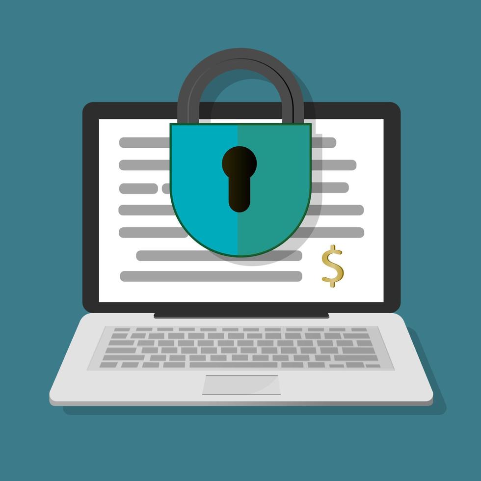 Online financial security. Online account protection. File access secure to confidential document online on laptop computer pc flat icon, digital web privacy protection. Vector Illustration