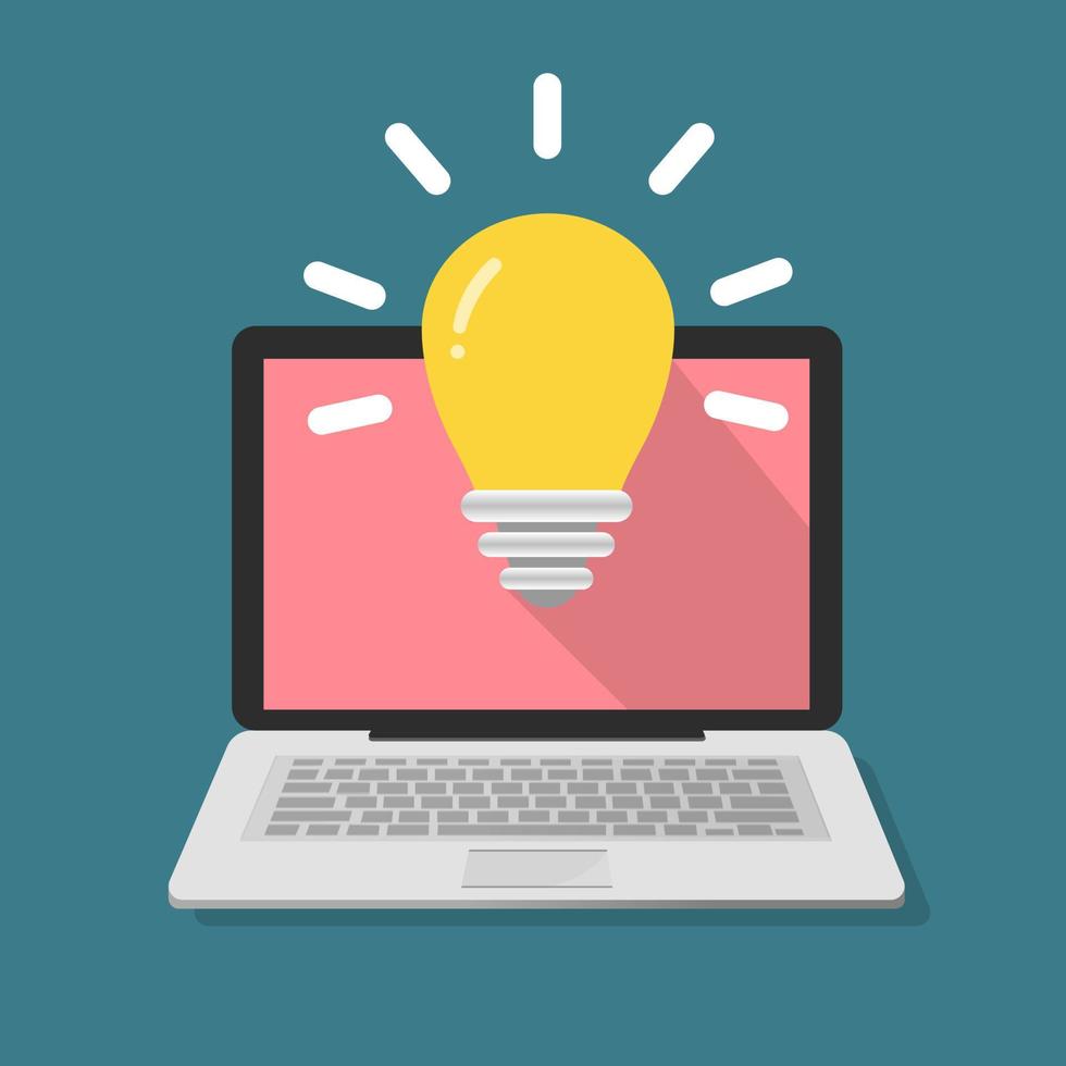 Laptop and light bulb on screen. New ideas, innovation of business or education. thought technology. Flat design graphic elements. Vector illustration