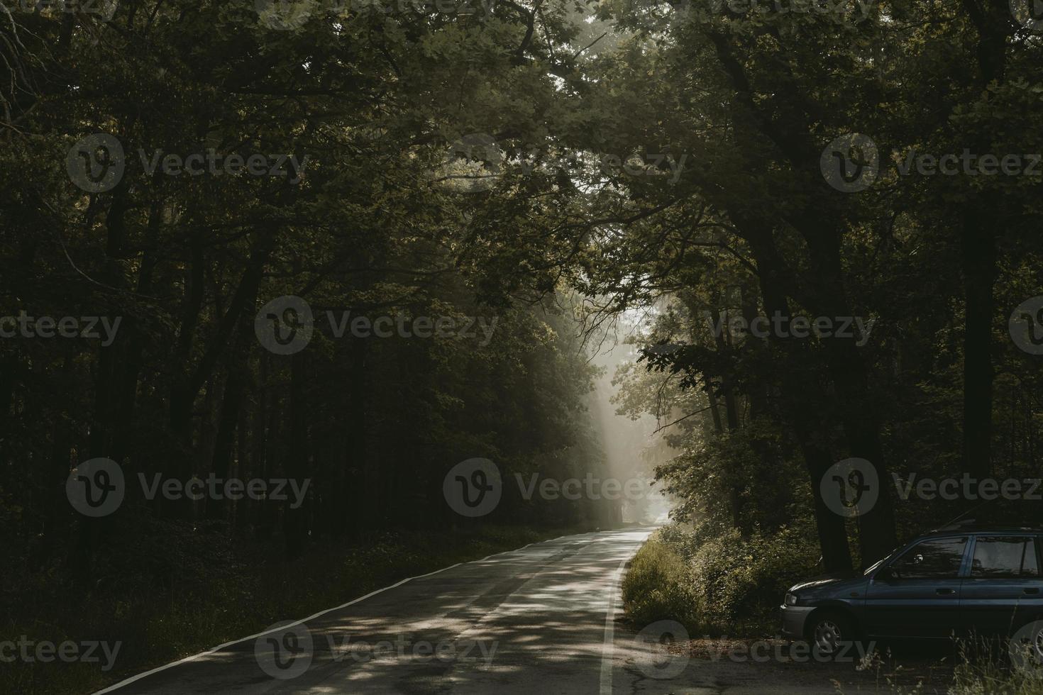 Blue car parked on the edge of the forest by the road with sun rays of morning sun shining through the trees in the background photo