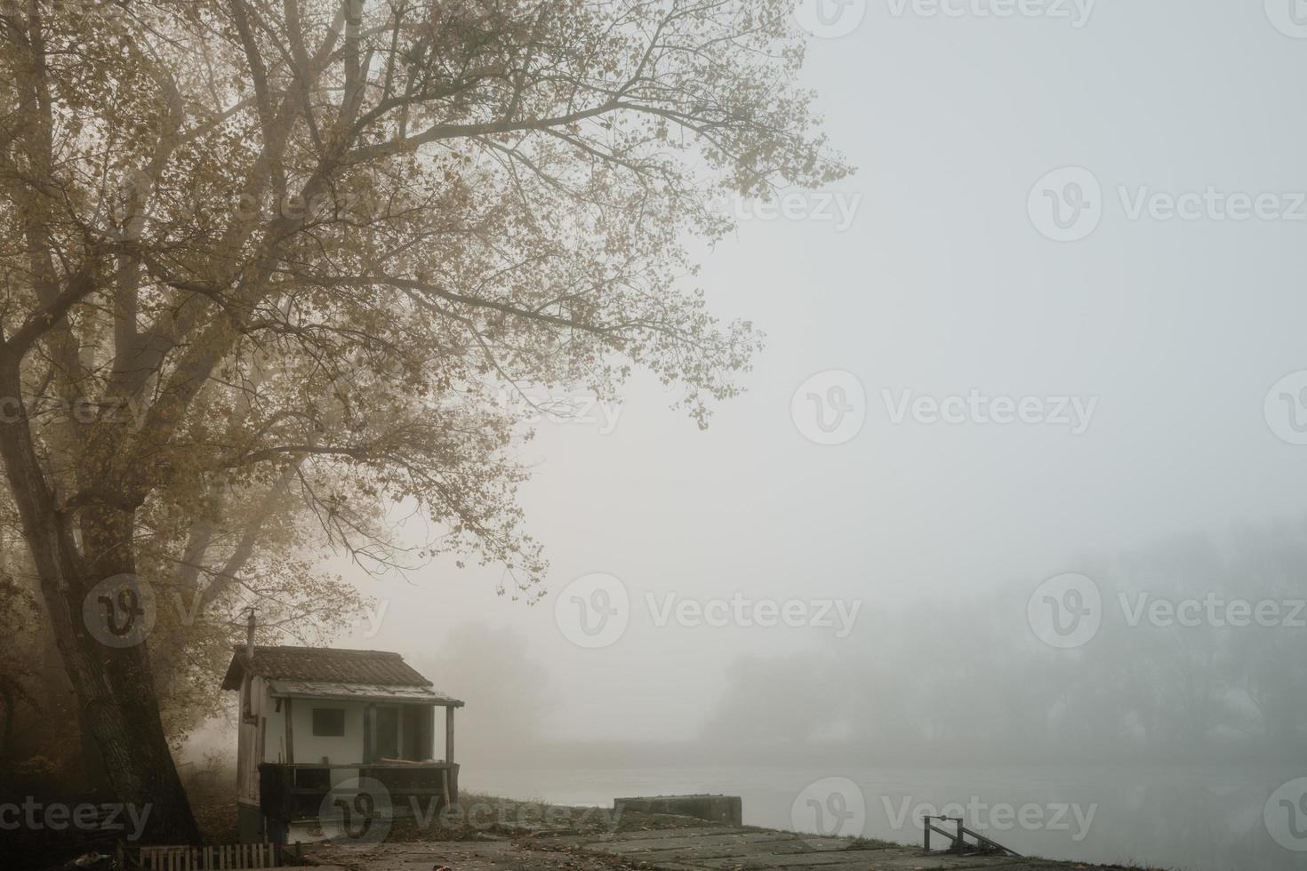 Fisherman's hut on the shore of the pond in the morning mist photo