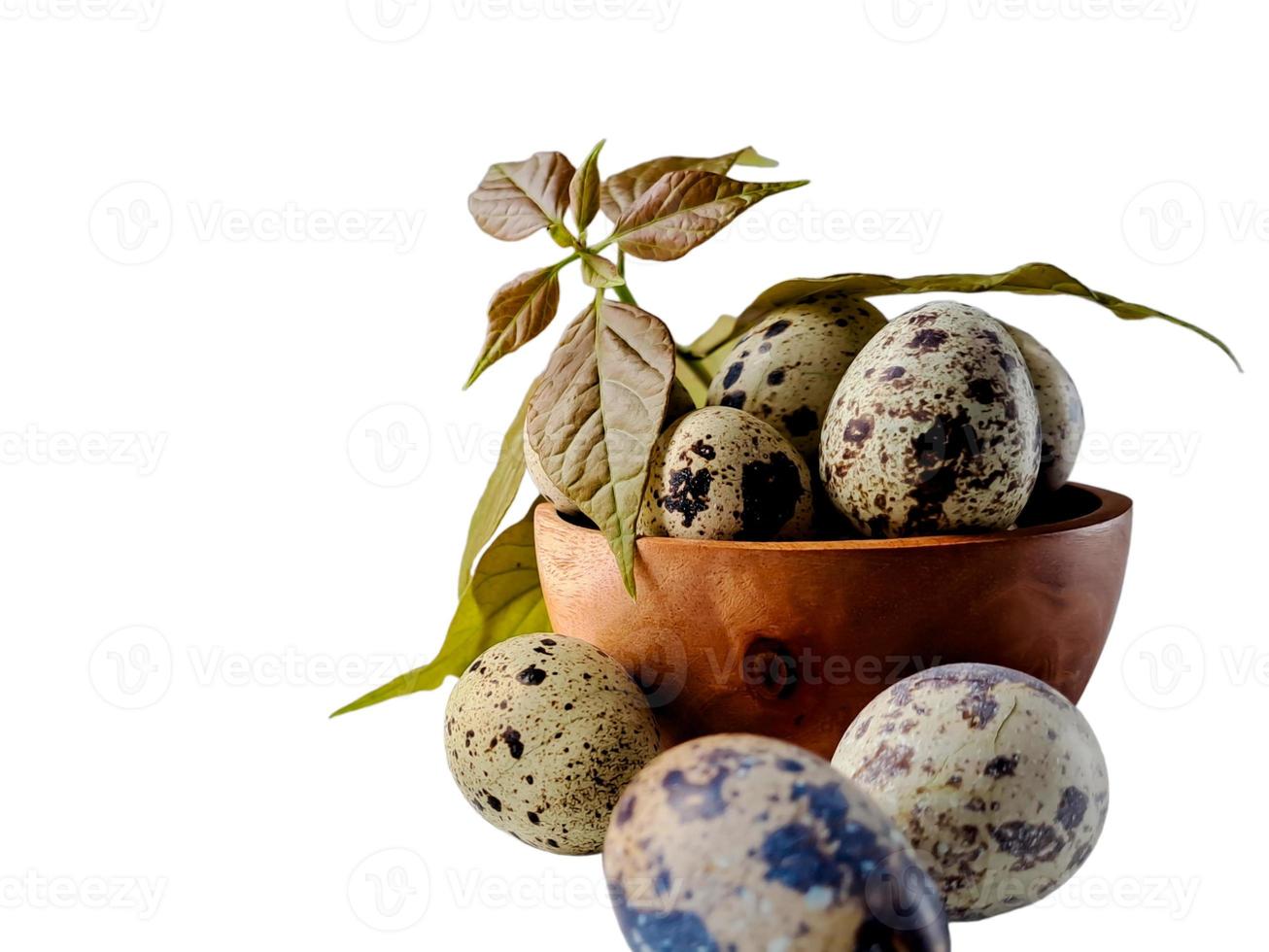 huevos de codorniz de codorniz, una colección de huevos de codorniz en un plato de madera con fondo blanco aislado foto