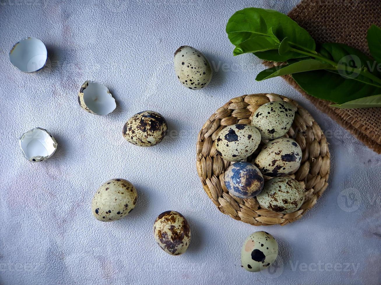 Quail eggs from quail, a collection of quail eggs on a wooden plate against a white wall background photo