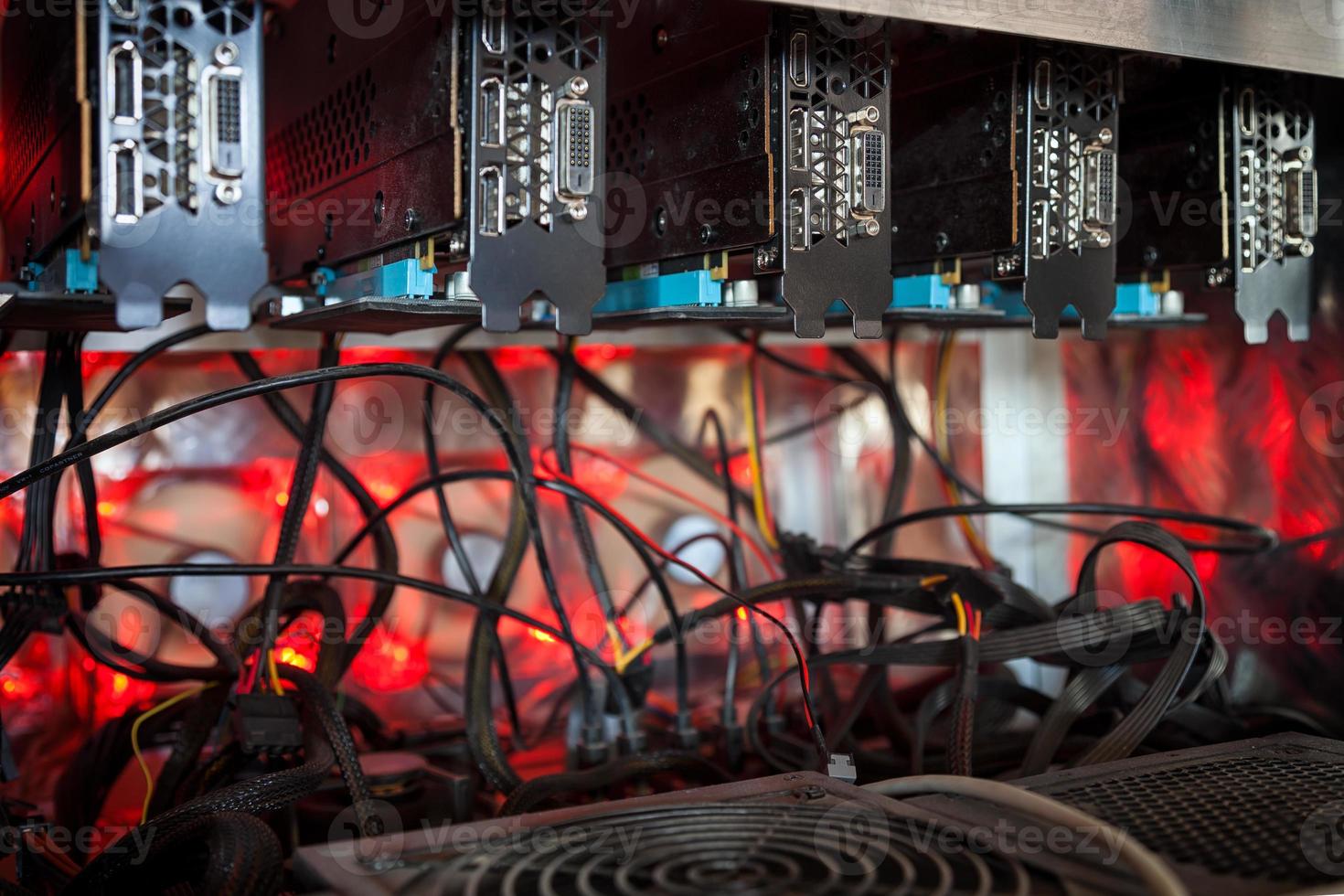 Close-up equipment for mining crypto-bitcoin, ether. Video cards, motherboards photo