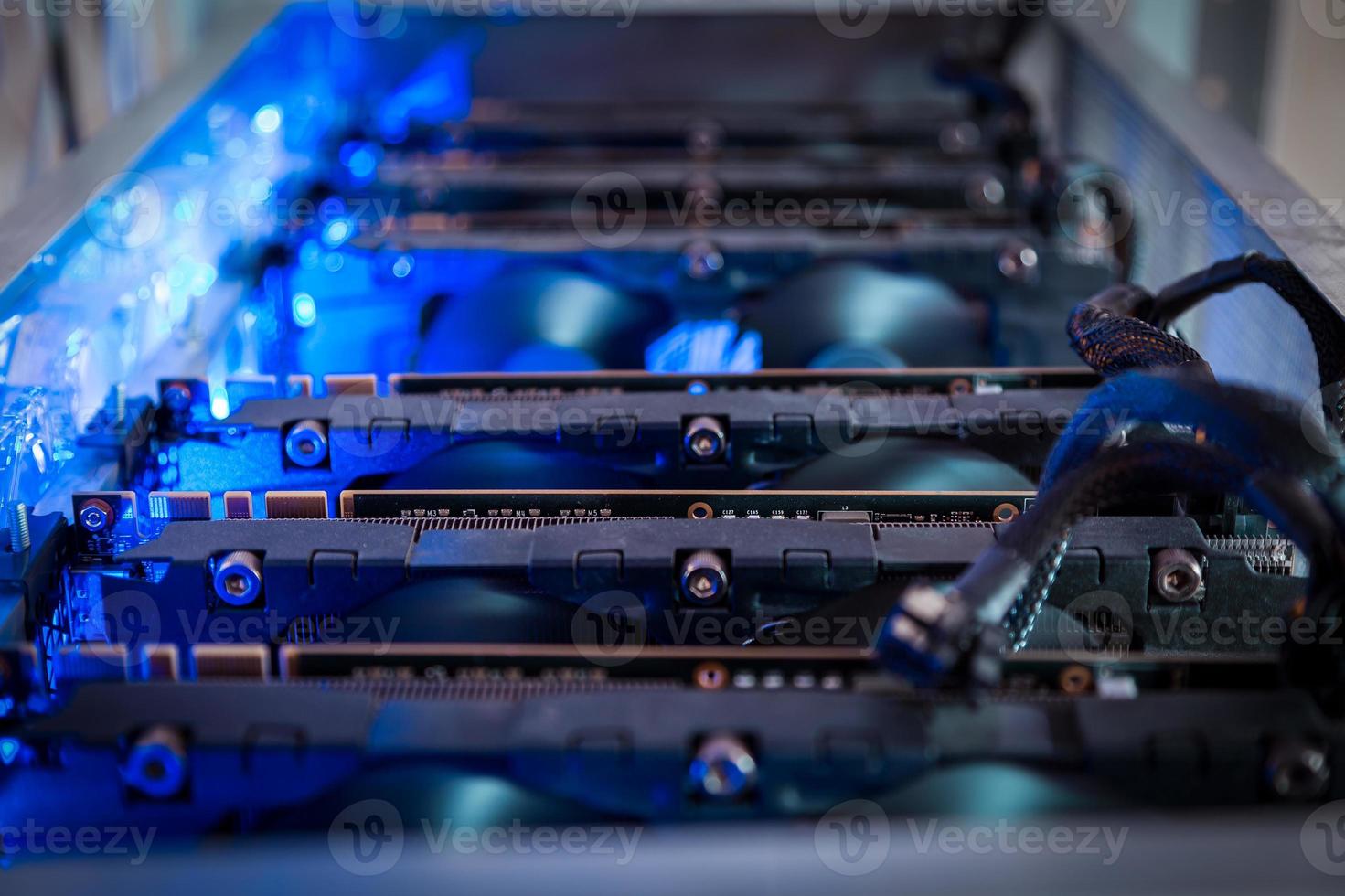 Close-up equipment for mining crypto-bitcoin, ether. Video cards, motherboards photo