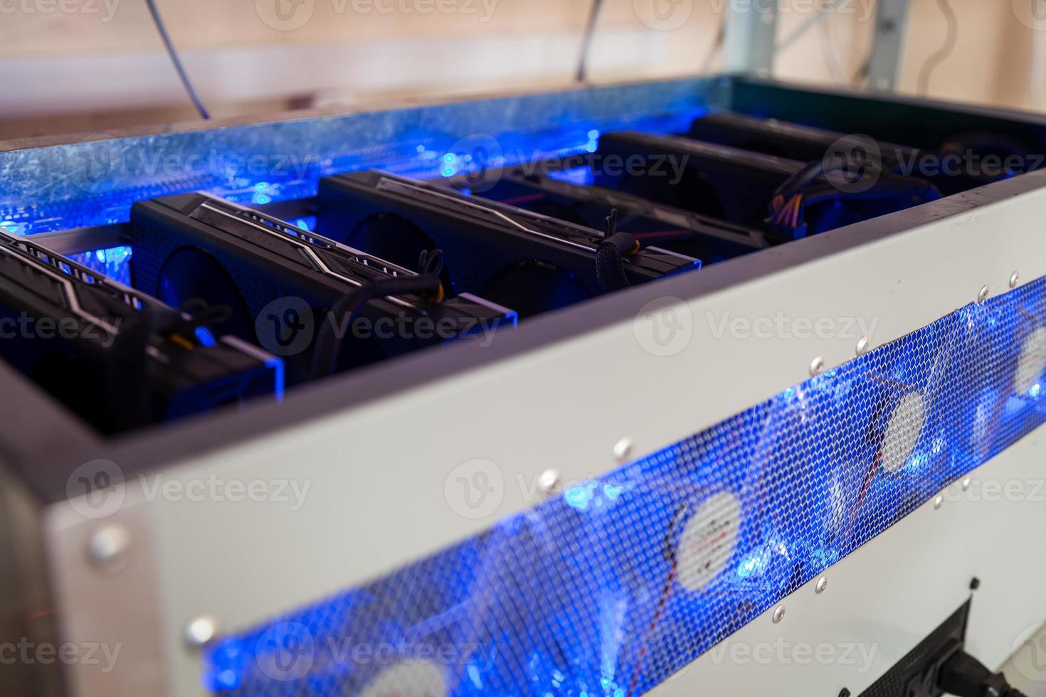 Close-up equipment for mining crypto-bitcoin, ether. Video cards, motherboards photo