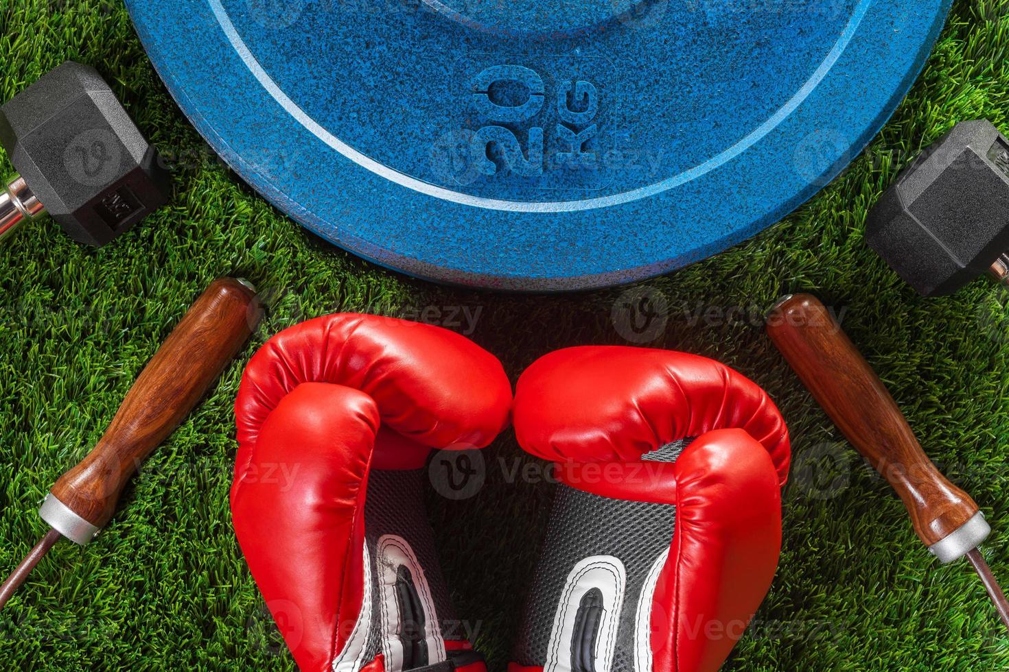 Dumbbells, skipping rope, boxing gloves and weight photo