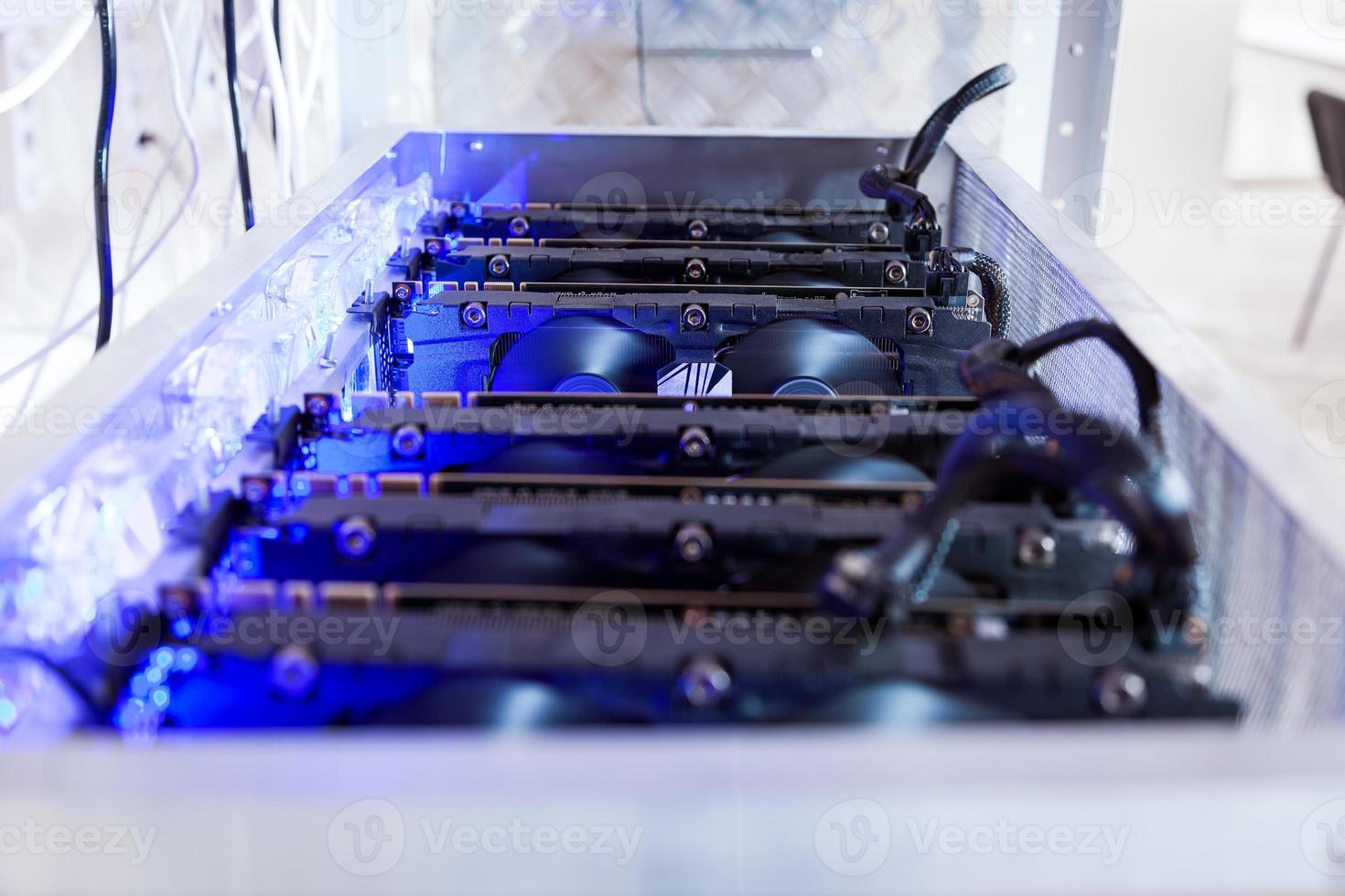Close-up equipment for mining crypto-bitcoin, ether. Video cards, motherboards photo