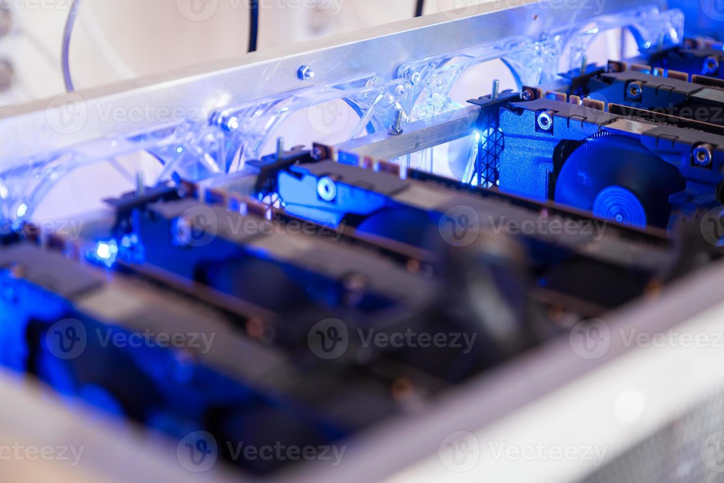 Close-up equipment for mining crypto-bitcoin, ether. Video cards, motherboards photo