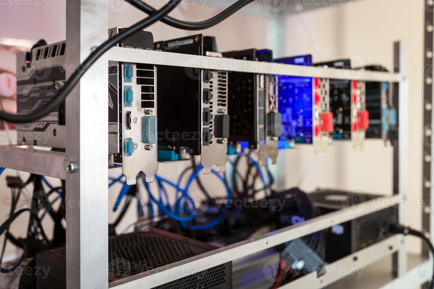 Close-up equipment for mining crypto-bitcoin, ether. Video cards, motherboards photo