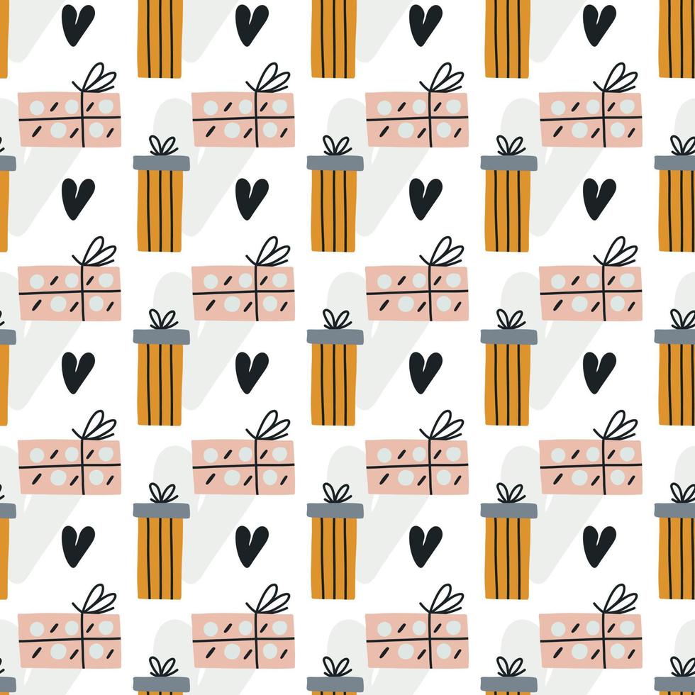 Seamless pattern heart gift wrapping. Doodle Surprise box package with ribbon wallpaper background. Textile fabric design for kids vector