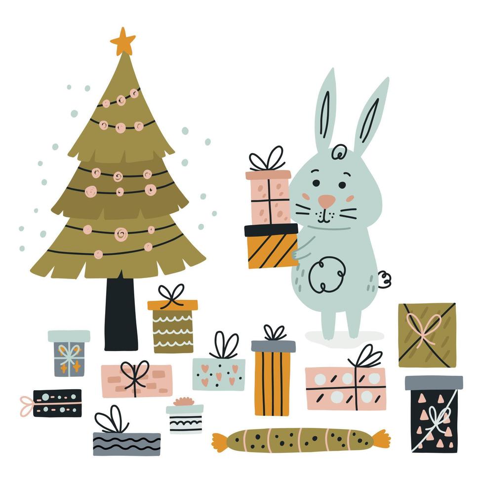 Cute rabbit by the Christmas tree with gifts. Doodle bunny with minimalist modern happy holiday. Flat vector illustration